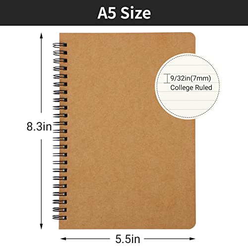 EUSOAR Spiral Ruled Notebook, A5 6 Pack 5.5" x 8.3" 120 Pages Lined Travel Hardcover Notebooks Journal, Memo Notepad Sketchbook, Students College Office Business Subject Diary Ruled Book Journal - color: Kraft, size: 6 Packs