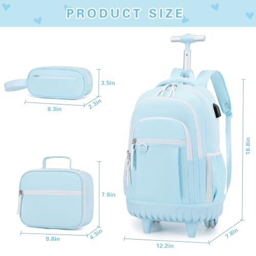 DIGOBAY Rolling Backpack for Girls, Cute Girls Backpack with Wheels, Kids Wheeled backpacks Set with Lunch Bag Pencil Case for Teen Girl, Roller School Bag with Wheels for Elementary Middle School - color: Blue