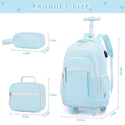 DIGOBAY Rolling Backpack for Girls, Cute Girls Backpack with Wheels, Kids Wheeled backpacks Set with Lunch Bag Pencil Case for Teen Girl, Roller School Bag with Wheels for Elementary Middle School - color: Blue