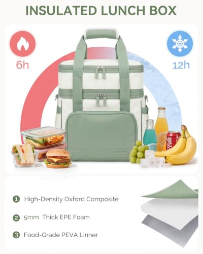 HOMESPON Double Layer Lunch Bag for Women Men, 14L Large Insulated Lunch Box with Shoulder Strap, Expandable Cooler Tote with Cup Holder for Work Office Picnic, Green - color: Green