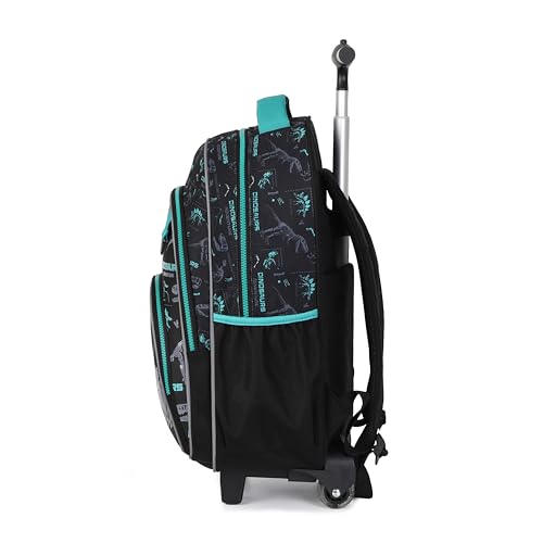 Kids Rolling Backpack for Boys, 5 PCS Cartoon Wheeled Backpack Set with Lunch Bag & Pencil Case, Durable Backpack with Wheels for School, Travel & Daily Use (Green) - color: Dinosaur Black