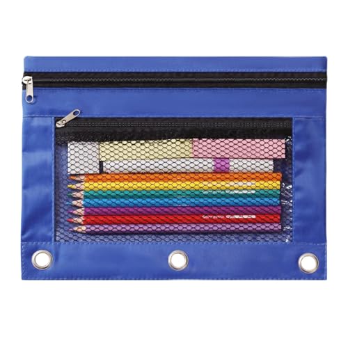 3 Ring Pencil Pouch for Binder, 2-Pocket Zipper Pencil Case with Clear Window & Mesh Pocket, Heavy Duty 600D Oxford Fabric Binder Pouch for School Office Supplies (Deep Blue) - color: Deep Blue