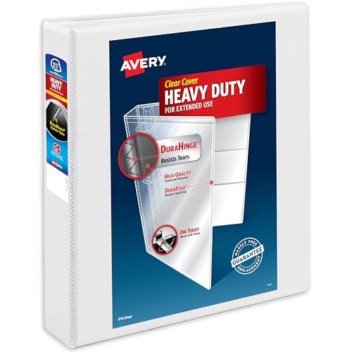 Avery Heavy-Duty View 3 Ring Binder, 1.5 Inch One Touch Slant Rings, 375-Sheet Capacity, DuraHinge, 2.1 Inch Wide Spine, Customizable Clear Cover and Spine, 1 White Binder (79795) - size: 1.5"