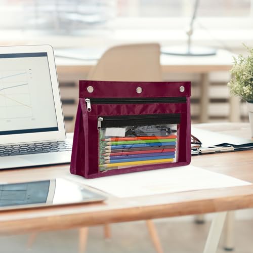YoeeJob 2 Pack 1 Inch Expandable Zipper Pencil Pouches with Clear Window for 3 Ring Binder, Suitable for School & Office（Wine-red） - color: Wine-red