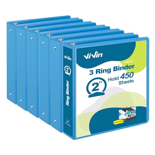 ViVin 2 Inch Round Ring View Binder for Durability, Standard 3 Ring Binder for 450 Sheets of US Letter Size Paper, PVC-Free, 6-Pack (Light Blue) - color: Light Blue, size: 2 Inch, style: 6 pack