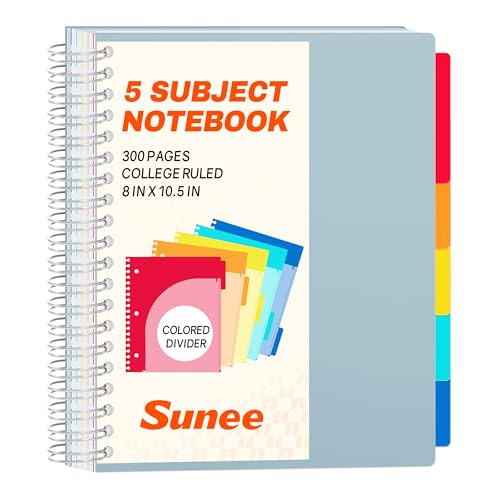 SUNEE Spiral Notebooks for Work with Removable Dividers & Tabs – College Ruled 5 Subject, 300 Pages, 3 Hole Punched, Durable PP Cover, 8"x10.5" – Notebooks for Office or School, Grey Blue - color: Grey Blue, style: College Ruled