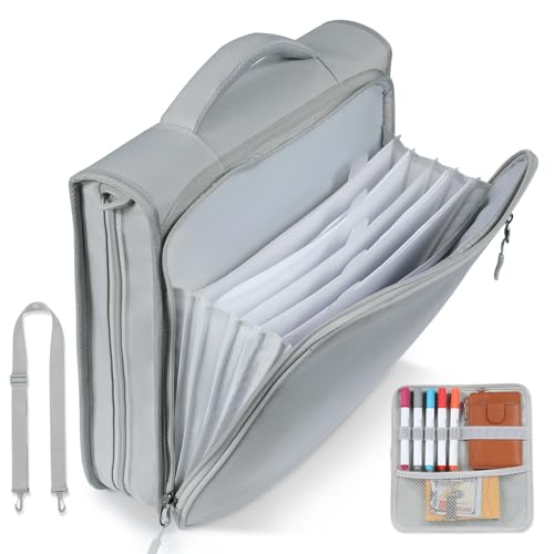 2 Inch 3 Ring Zipper Binder with Multi-Pocket, 6-Tab Expandable File Folder, Fits 14” Laptop, Zipper Bag Fits 500 Sheet Capacity with Handle & Shoulder Strap(Grey) - color: Grey