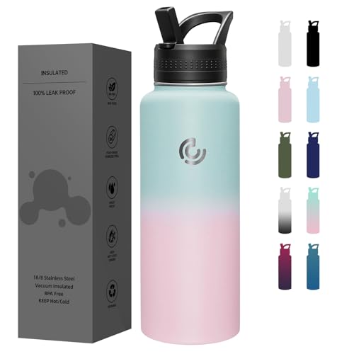 COKTIK 40oz Sports Water Bottle, Stainless Steel Water Bottle for Insulated, Reusable Travel Bottle, With Straw, With Handle Grip for Easy Carrying, Suitable for Cycling, Outdoor Vacations(Bubble Gum) - color: Bubble Gum, size: 40 Ounces