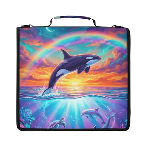 Dolphin 2-inch 3 Ring Zipper Binder with Shoulder Strap Holds 14 Inch Laptop for Students and Office - color: Rainbow Dolphin