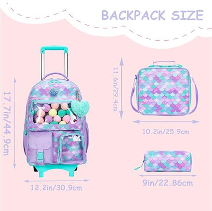 Cute Mermaid Rolling Backpacks with Wheels for Girls Aesthetic Rolling Backpack for Elementary with Lunch Box School Trolley Backpack for Girls School Supplies - color: Mermaid