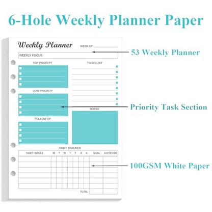 6-Hole Weekly Planner Refills for A5 Binders - 53 Sheets/106 Pages Undated Weekly Planner, 100 gsm White Paper, Lasts 1 Year, Undated, 5.8" x 8.3", Teal - size: 1-Pack, style: 6-Hole