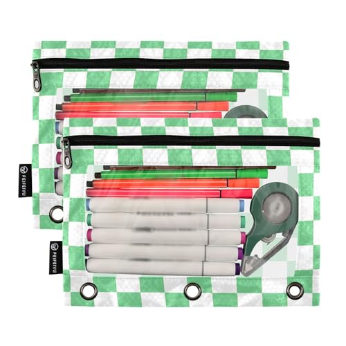 Green-White Lattice Pencil Pouch for 3 Ring Binder with Zipper 2 Pack Binder Pouches Cosmetic Bag with Clear Window - color: multi-p2