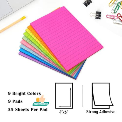 9 Pack Lined Sticky Notes 4x6 in Post Sticky Notes with Lines, 9 Bright Colors Self Sticky Notes Pad Its, Large Ruled Sticky Note for Office, Home, 35 Sheets/Pad - size: 4x6 in