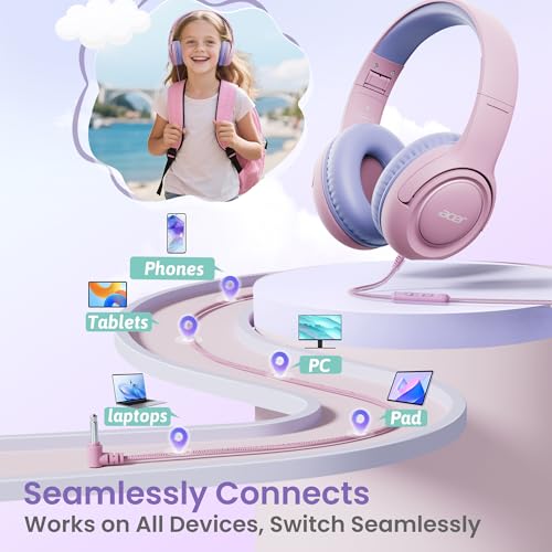 acer Kids Headphones - Over-Ear 85/94dB Volume Limiter 3.5mm Jack Foldable Stereo Sound Headset for Toddlers Girls Boys Travel Learning Entertainment Tablet Kindle iPad PC,Pink Purple, HK03 - color: Pink Purple