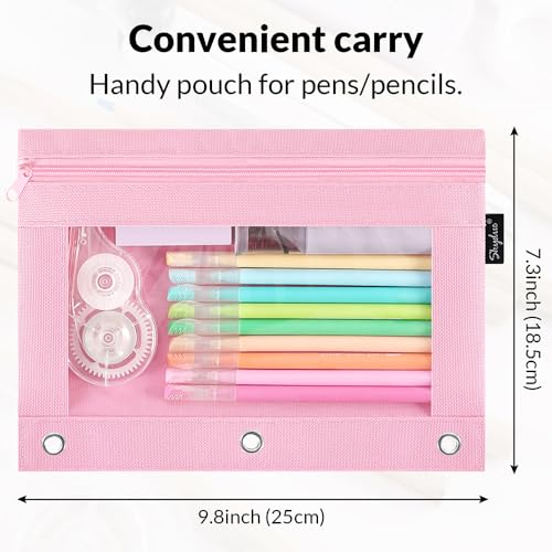 SKYDUE Pencil Pouch for 3 Ring Binder, 3 Ring Zipper Pencil Case with Clear Window, Large Binder Pencil Pouch with Grommets, Three Hole Pencil Holder for School(2 Pack) - color: Pink&black