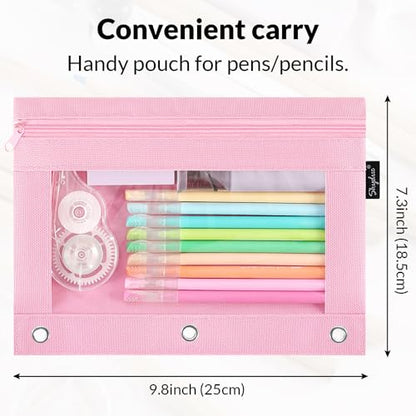 SKYDUE Pencil Pouch for 3 Ring Binder, 3 Ring Zipper Pencil Case with Clear Window, Large Binder Pencil Pouch with Grommets, Three Hole Pencil Holder for School(2 Pack) - color: Pink&black