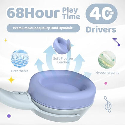 MIDOLA Headphones For Kids Bluetooth 5.4 Wireless 68H Play Time Volume Limit 85/94dB Over-Ear Foldable Headset,with Mic Wired Aux for Toddler Child Boy Girl School Pad Tablet Light Silver(Gray)/Purple - color: Sky Blue