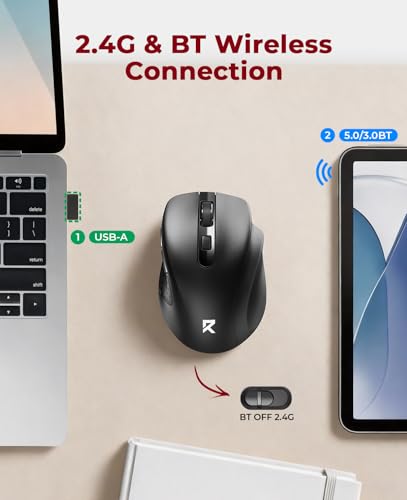 Redragon Wireless Mouse BT5.0/3.0 & 2.4G, 6 Buttons, 5 Level 4000DPI Bluetooth Mouse, 18 Months Battery, Portable Optical Computer Mice for Laptop, PC, Chromebook, Windows, Mac-Black - color: Black