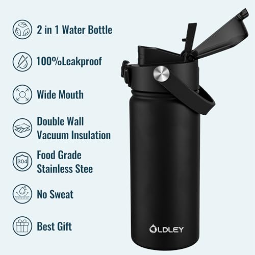 OLDLEY 18oz Insulated Water Bottle with 2-in-1 Straw & Chug Lid, Leakproof Stainless Steel Bottle, Cup Holder Friendly Vacuum Water Bottle for Travel, and School,Black - color: Black