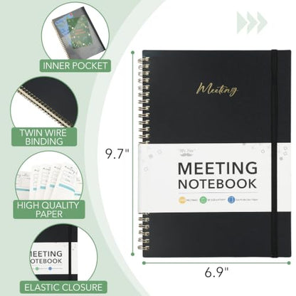 Mr. Pen- Meeting Notebook for Work, 6.9"x9.9", 140 Pages, Black | Spiral-Bound, Undated Work Notebook with Action Items & Meeting Notes, Office Supplies - color: Black