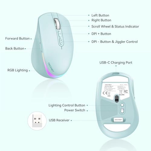 TECKNET Wireless Mouse Jiggler, Rechargeable Mouse with Built-in Mouse Mover, 6 Adjustable DPI & 14 LED Modes, Silent Click, Undetectable Random Movement Keeps Computer Awake for Laptop/PC/Mac- Green - color: Green