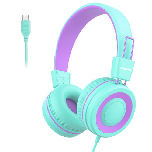 USB C Kids Headphones for School, Upgrade USB Type C Kid Headphone, 94 dB Volume Limiter Wired On-Ear Headset for Kids/Toddlers/Children/Teens/Boys/Girls-Purple Green - color: Purple Green