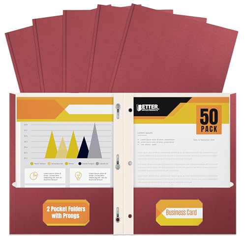 Better Office Products Burgundy Paper 2 Pocket Folders with Prongs, 50 Pack, Matte Texture, Letter Size Paper Folders, 50 Pack, with 3 Metal Prong Fastener Clips, Burgundy Red - color: Burgundy