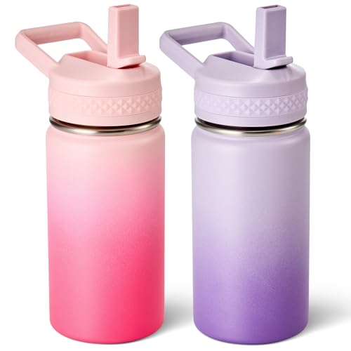 Fijinhom 12 oz Toddler Bottle, 2 Pack Kids Water Bottle for School Boys & Girls with Straws Lids, 304 Stainless Steel Vacuum Insulated Thermos, BPA-Free, Cherry + Gradient Purple - color: AA.Cherry & Gradient Purple