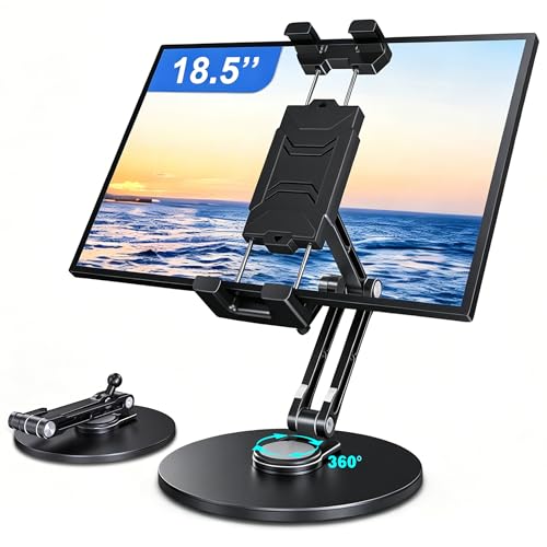 CreaDream iPad Stand for Desk, Portable Monitor Stand with Large Clamp up to 18.5", Tablet Stand Arm Holder with Heavy Duty 360 Rotating Base for 4.7"-13" Tablets, iPad Pro/Air/Mini, Monitors