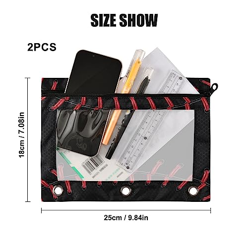 Kcldeci Pencil Pouch for 3 Ring Binder, Baseball Pattern Black 2 Pack Binder Pencil Pouch with Clear Window Pencil Bags with Zipper Pencil Case for Binder - color: A03