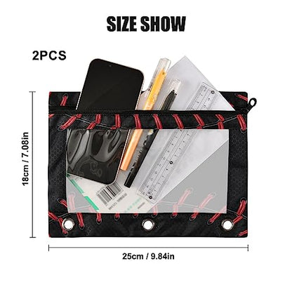Kcldeci Pencil Pouch for 3 Ring Binder, Baseball Pattern Black 2 Pack Binder Pencil Pouch with Clear Window Pencil Bags with Zipper Pencil Case for Binder - color: A03