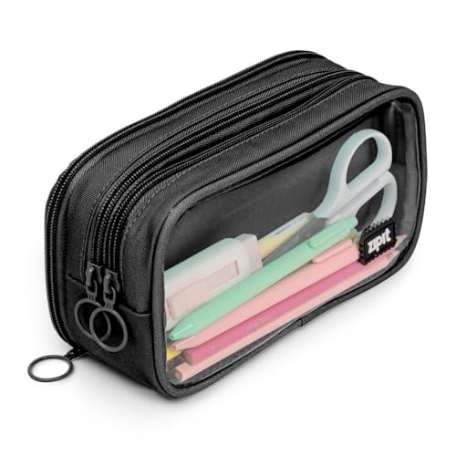 ZIPIT Half & Half Pencil Case, 3 Compartment Zipper Pouch for School, Stationery Bag for Teen Girls Boys and Adults, Black - color: Black