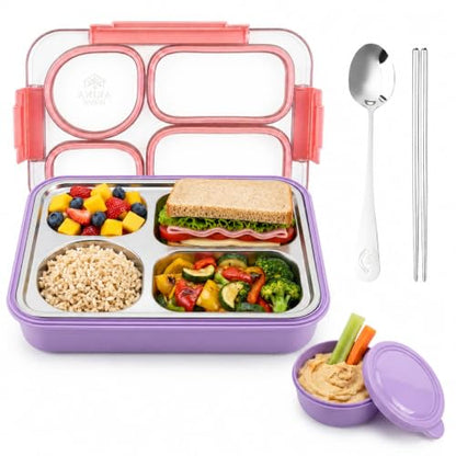 Large 10 x 7.5" Stainless Steel Bento Lunch Box with 4 Compartments Leakproof Lid BPA-Free 304 Stainless Steel Food Container That Keeps Food Separate for Adults and Kids School Office and Travel,Pink - color: Pink