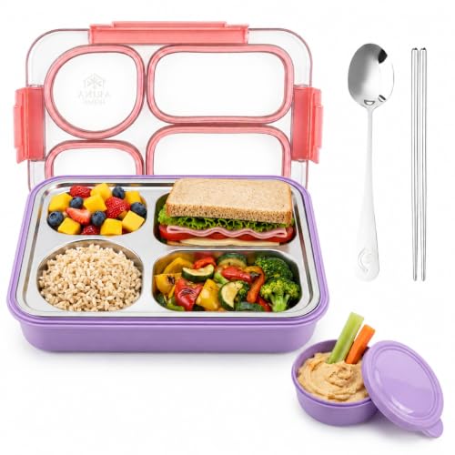 Large 10 x 7.5" Stainless Steel Bento Lunch Box with 4 Compartments Leakproof Lid BPA-Free 304 Stainless Steel Food Container That Keeps Food Separate for Adults and Kids School Office and Travel,Pink - color: Pink