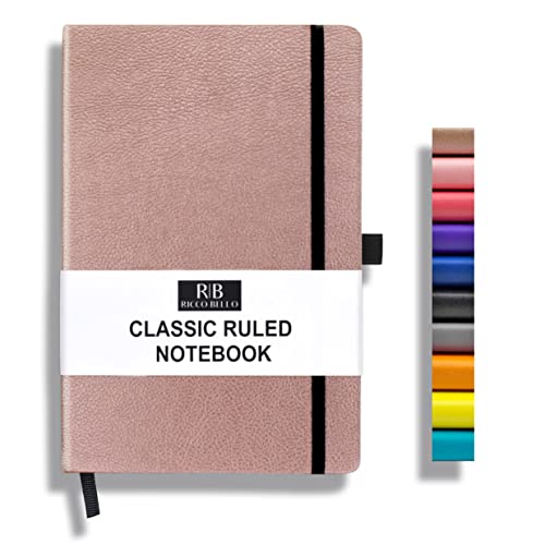 RICCO BELLO Lined Journal Notebook, Rose Gold, 5.7 x 8.4-Inches | Faux Leather Hardcover, Pen Holder, College Ruled, 96 Sheets / 192 Pages, For Work & Notes - color: Rose Gold