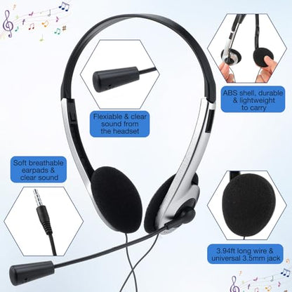 Yunsailing 30 Pack Classroom Headphones with Microphone School Student Headphones Bulk Class Set Lightweight Adjustable Earphones on Ear with 3.5 mm Jack(Silver,Plastic Stem) - color: Silver, style: Plastic Stem