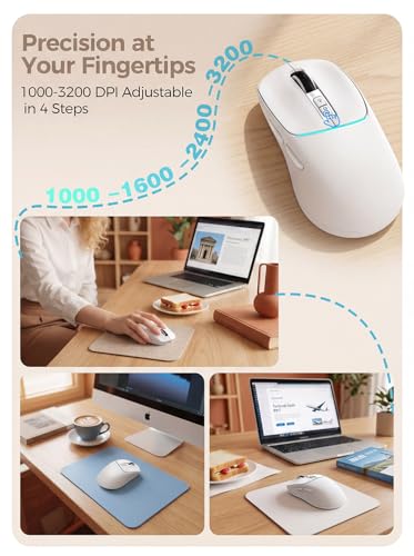 RAPIQUE Wireless Mouse for Laptop, Dual Bluetooth & 2.4G, Multi-Device for 3 Devices, USB-C Rechargeable, Quiet Click, 4 DPI Levels up to 3200, Ergonomic Right-Hand Mouse for MacBook, PC - White - color: White