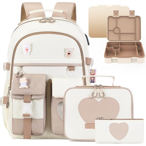 ACESAK Girls Backpack - Bento Box with Insulated Lunch Bag Pencil Case & Utensils Set for Kids, 6 Leakproof Compartments Removable Tray Lunches or Snack Container for School (Khaki Beige) - color: Khaki Beige