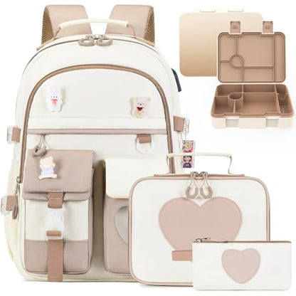 ACESAK Girls Backpack - Bento Box with Insulated Lunch Bag Pencil Case & Utensils Set for Kids, 6 Leakproof Compartments Removable Tray Lunches or Snack Container for School (Khaki Beige) - color: Khaki Beige