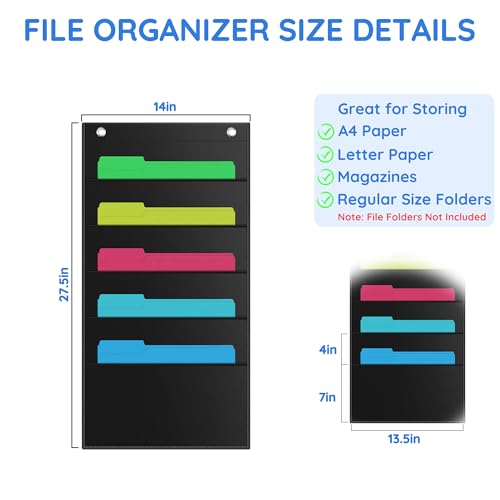ZKOO 5 Pockets Hanging Wall File Organizer for A4 Size Paper/Legal/Letter Size Document, Sturdy Wall Mail Organizer Black Pocket Chart Great for Classroom, Office, Home Use with 2 Hangers - size: 5 Pocket
