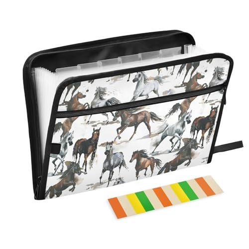 Watercolor Horses File Folders,Plastic Folders with 13 Pockets,Expandable File Folder for Documents School Students Office,Aesthetic Folder with Labels A4 Letter Size - color: Multicolor 26