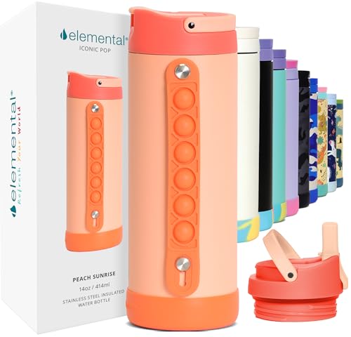 Elemental Iconic Kids Water Bottle for School - 100% Leak-Proof Insulated Water Bottles with Straw Lid & Pop-It Handle for Boys & Girls - Triple-Wall Insulated & BPA-Free, 14oz – Peach Sunrise - color: Peach Sunrise, size: 14 Ounces