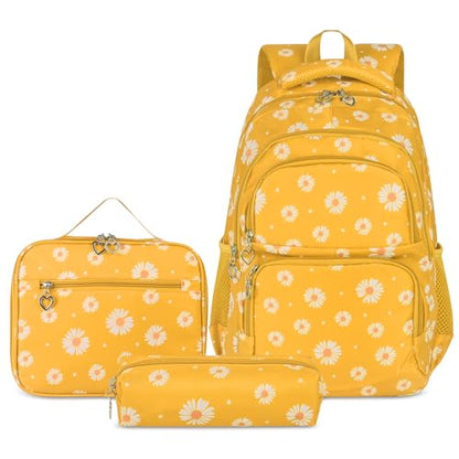 Glodwheat Daisy Printed Backpack For Girls- 3Pc Set With Lunch Box & Pencil Case, Lightweight Water-Resistant Bookbag For Elementary School - color: Lemon