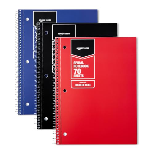 Amazon Basics College Ruled Spiral Notebooks, 70 Sheets, 8" x 10.5", Perforated Pages, Assorted Primary Solid Colors, 3-Pack - color: Assorted Primary Colors, style: College Ruled 210 Sheets