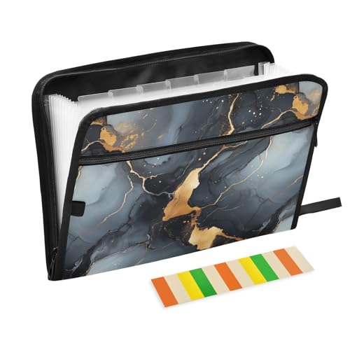 Marble Print Black Accordion File Organizer 13-Pocket Expanding Folder with Front Pen Storage & Color Tabs Water-Repellent Nylon for Work School & Daily Filing - color: Marble Print Black