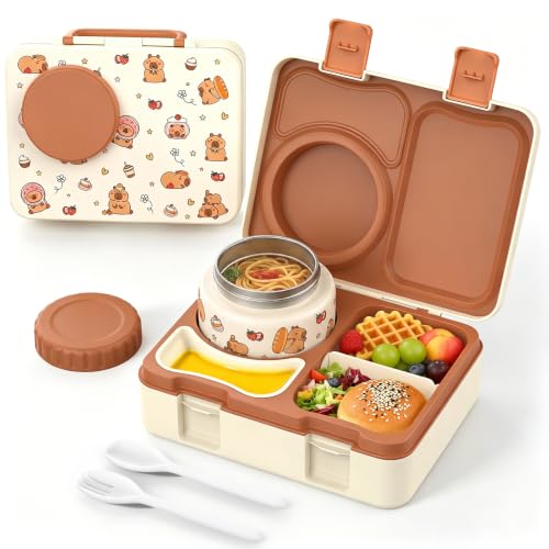 Kids Lunch Box with Thermo, Leakproof Bento Box for Kids with 8OZ Insulated Food Jar, Ice Pack, Sauce Cup, Utensils, Removable Tray & Dividers for School Daycare Travel (Capybaras) - color: Capybaras