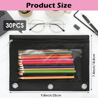 30Pack 3 Ring Binder Pencil Pouch with Zipper Black, Clear Window Pen Holder Case for Office, and Home Organization, Waterproof Oxford Fabric, Fits Standard 3 Ring Binders