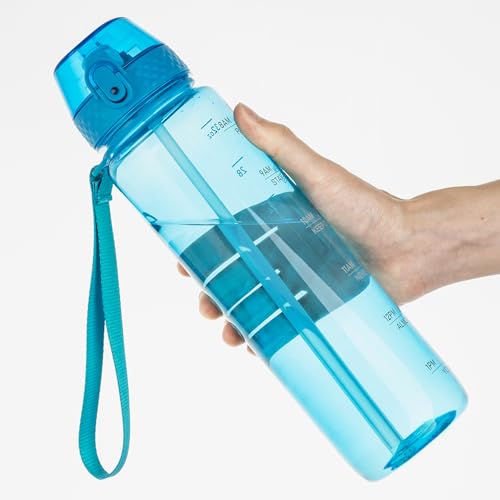 GOPPUS Water Bottle Clear Water Bottles 32oz Motivational with Time Marker Tritan BPA Free Sports Water Bottles Wide Mouth for Gym Travel Home School Office - color: klein blue