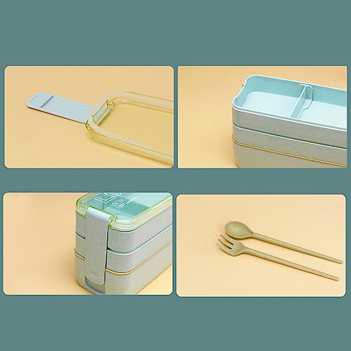 Adult Lunch Box Square 3 Compartment 900ML Sealed Bento Box 3 Layers All-in-One Stackable Bento Box Containers with Fork Spoon for Home Travel Office Plastic Lunch Box (Green)