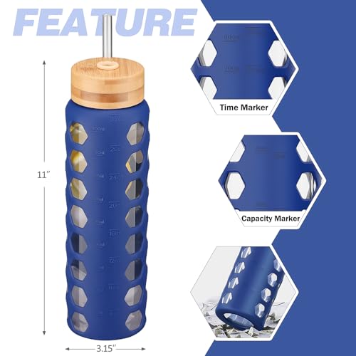 MUKOKO Glass Water Bottle, 32oz, Blue | Glass Tumbler with Straw, Drinking Bottles with 2 Lids-Handle Spout Lid & Bamboo Straw Lid, Silicone Sleeve, 1 Pack - color: Bule, size: 32 Ounces